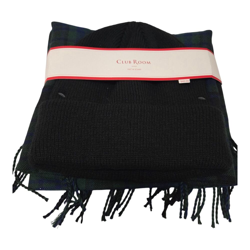 Club Room Mens Beanie and Plaid Scarf Set Black Navy Blue Green New In Package